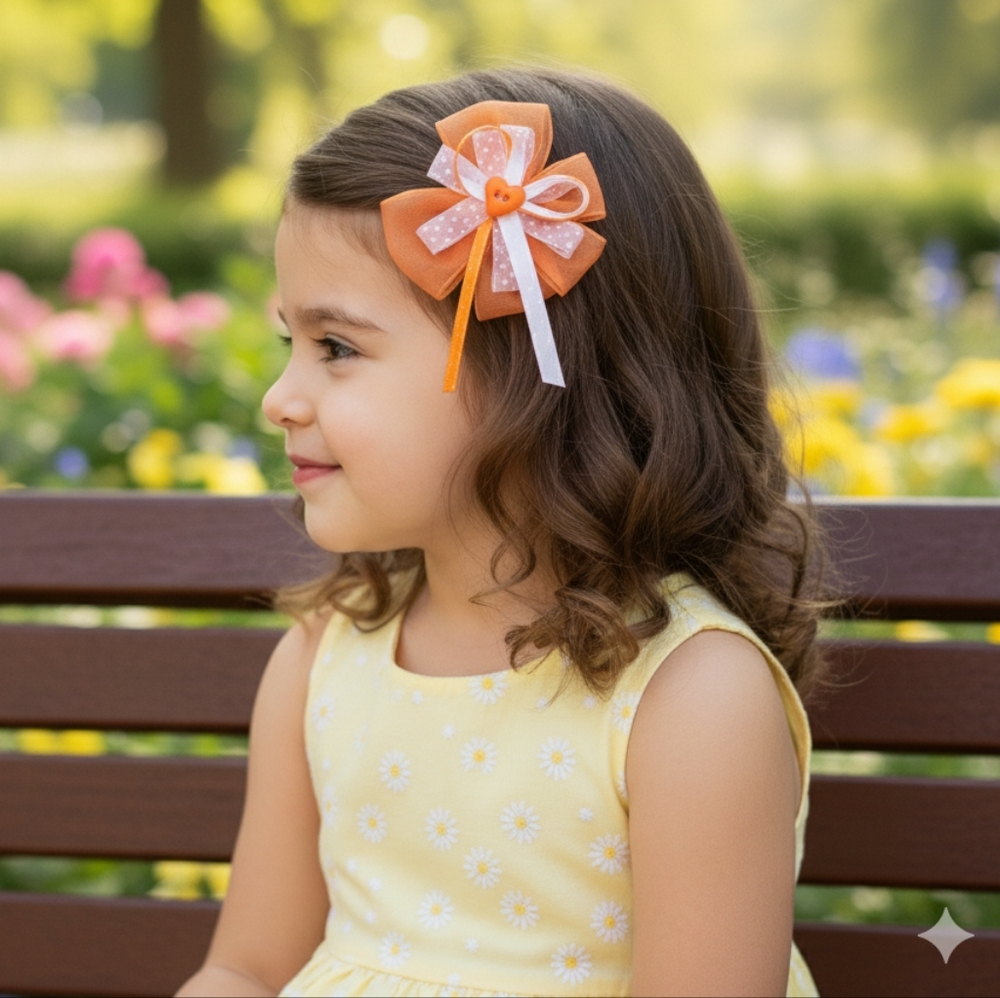 Handmade Girls Orange/White Heart Ribbon Hair Clips Set